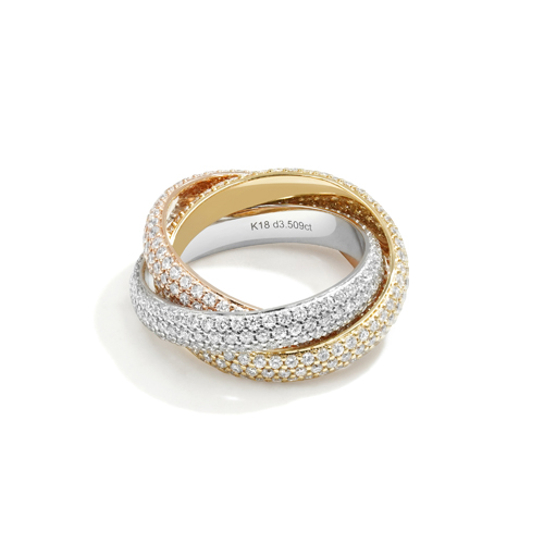 トリニティリング。3つの金属を組み合わせた複雑なデザインのカスタムジュエリー。